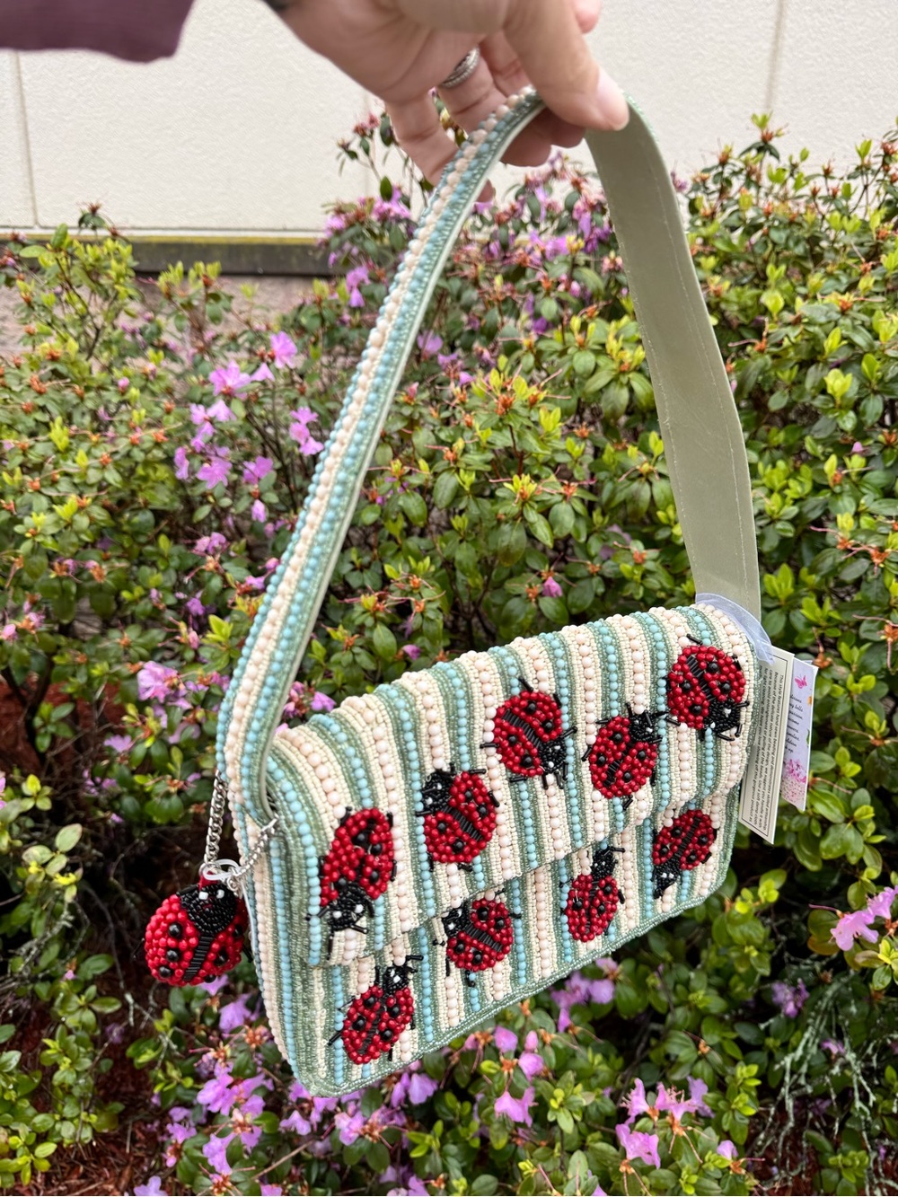 Mint Beaded Shoulder Bag with Red Ladybug Motif - Picture 2 of 3